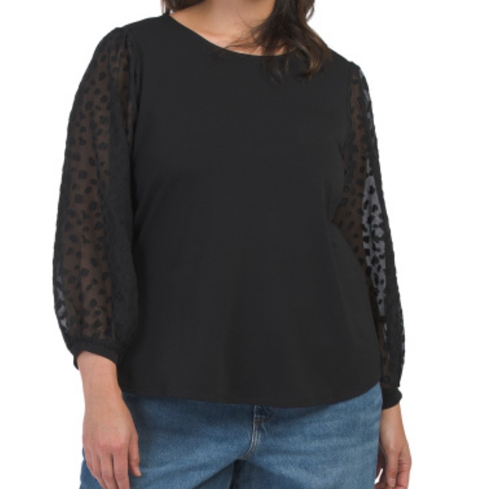 NWT Adrianna Papell Black Knit Top with Sheer Animal Print Sleeves | Size 1X